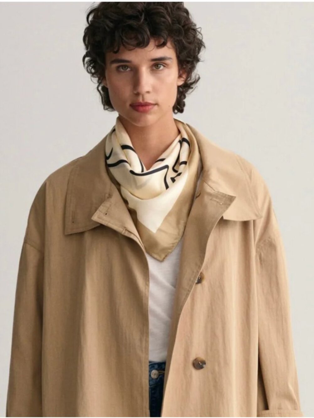 HELENE CLEMENT Basel Short Unlined Cotton Funnel Neck Trench Coat, Khaki tan